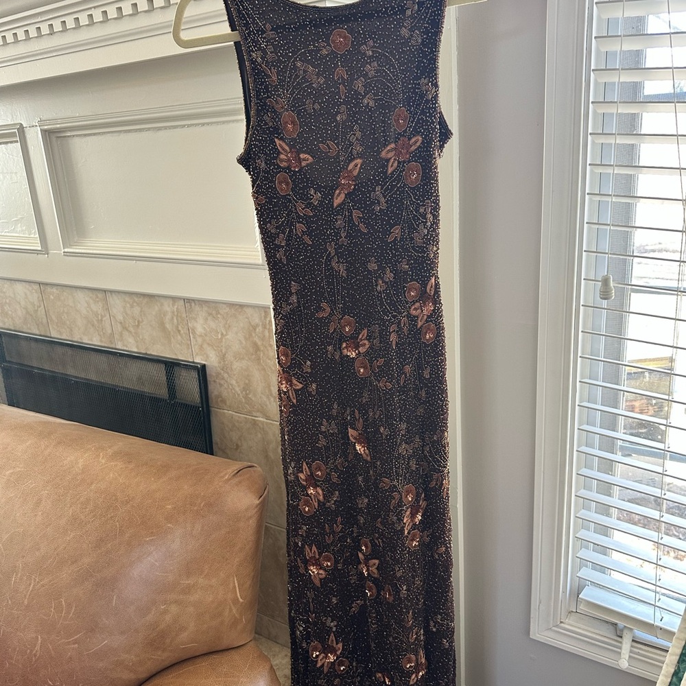 Stenay Brown Evening Gown with Copper Floral Sequin Detail
